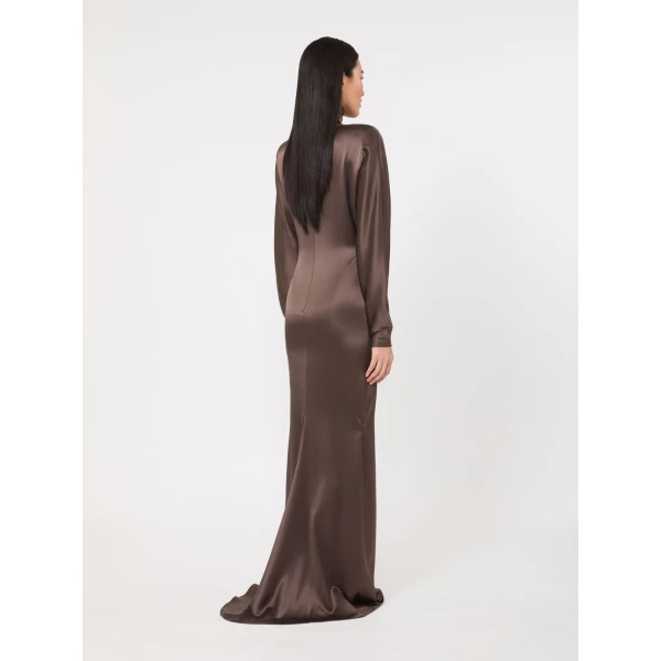 Max Mara Spuma Long Silk Satin Dress in Mud | Evening Gowns | Luxury Shoes 