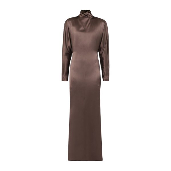 Max Mara Spuma Long Silk Satin Dress in Mud | Evening Gowns | Luxury Shoes 