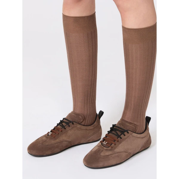 Max Mara Stecca Flat Split Leather Trainers in Dark Brown | Sneakers | Luxury Shoes 