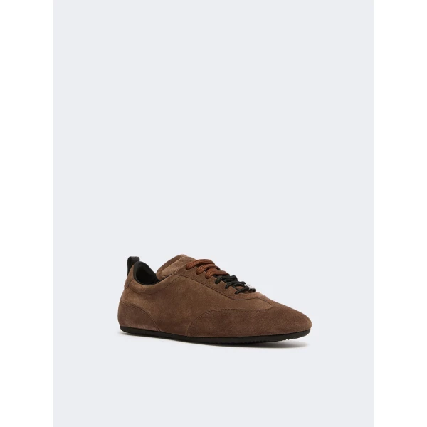 Max Mara Stecca Flat Split Leather Trainers in Dark Brown | Sneakers | Luxury Shoes 