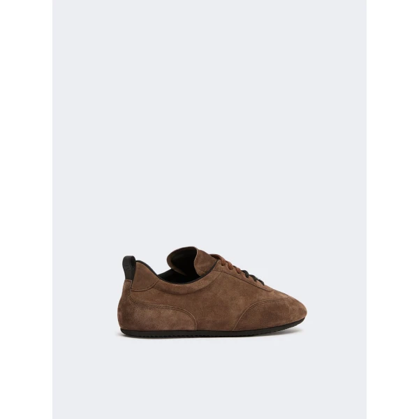 Max Mara Stecca Flat Split Leather Trainers in Dark Brown | Sneakers | Luxury Shoes 