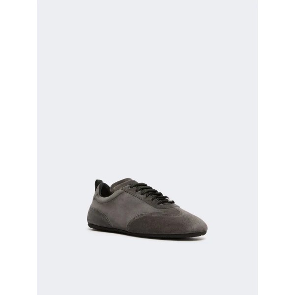 Max Mara Stecca Flat Split Leather Trainers in Medium Grey | Sneakers | Luxury Shoes 