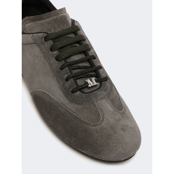 Max Mara Stecca Flat Split Leather Trainers in Medium Grey | Sneakers | Luxury Shoes 