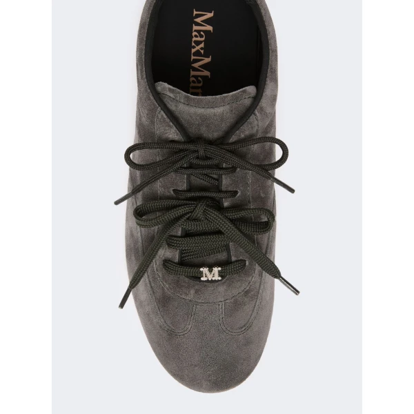 Max Mara Stecca Flat Split Leather Trainers in Medium Grey | Sneakers | Luxury Shoes 
