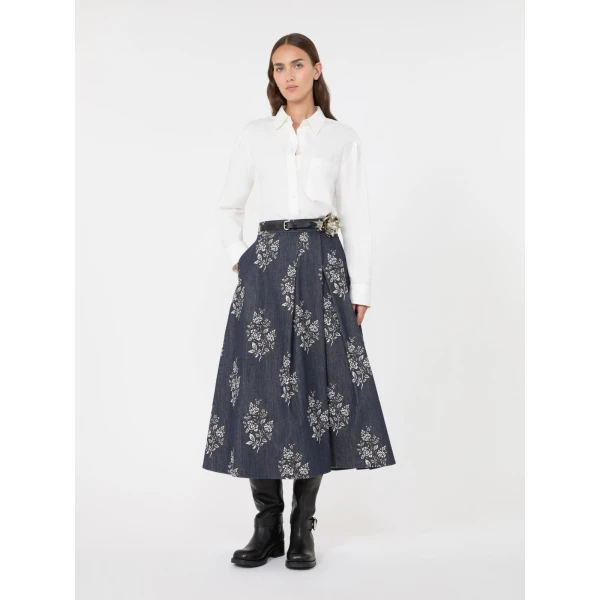 Max Mara Struzzo Pleated Printed Cotton Skirt in Navy | Pleated Skirts | Luxury Shoes 