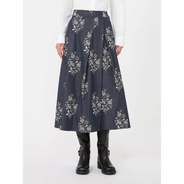Max Mara Struzzo Pleated Printed Cotton Skirt in Navy | Pleated Skirts | Luxury Shoes 