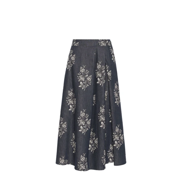 Struzzo Pleated Printed Cotton Skirt in Navy