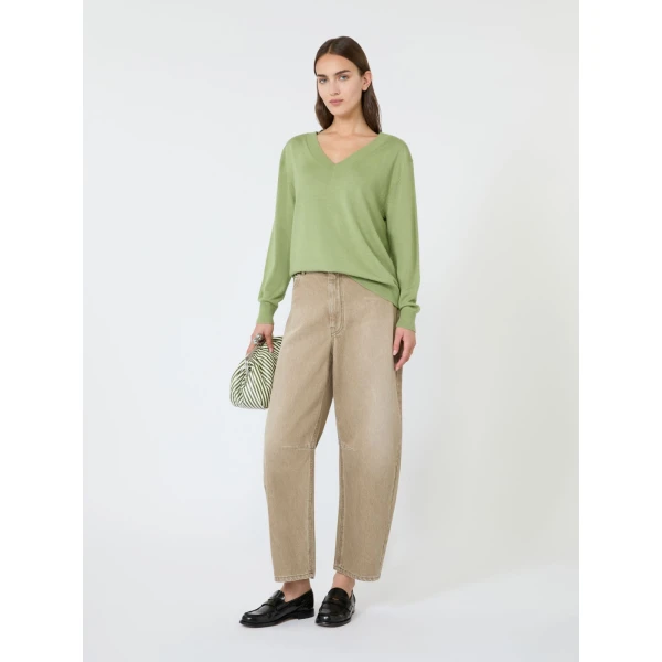 Max Mara Talamo Wool, Silk and Cashmere V-Neck Jumper in Green | Sweaters | Luxury Shoes 