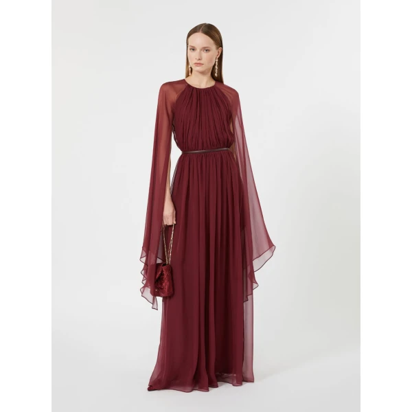Max Mara Taverna Silk Chiffon Dress in Bordeaux | Maxi Dresses | Luxury Shoes 