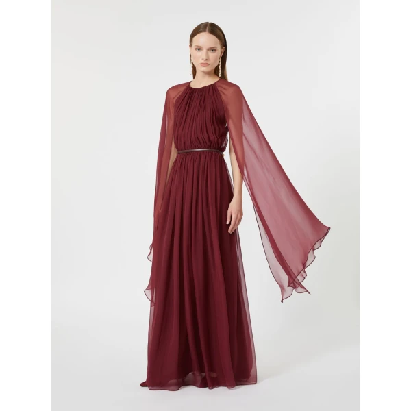 Max Mara Taverna Silk Chiffon Dress in Bordeaux | Maxi Dresses | Luxury Shoes 