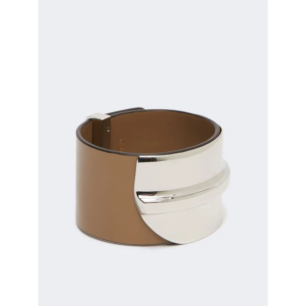 Max Mara Tavola Leather and Metal Wide Cuff in Mud | Bracelets | Luxury Shoes 