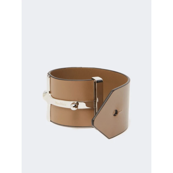Max Mara Tavola Leather and Metal Wide Cuff in Mud | Bracelets | Luxury Shoes 