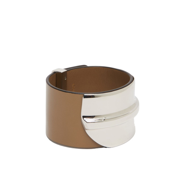 Max Mara Tavola Leather and Metal Wide Cuff in Mud | Bracelets | Luxury Shoes 