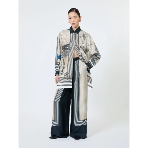 Max Mara Teglia Oversized Printed Silk Shirt in Stone Grey | Shirts | Luxury Shoes 