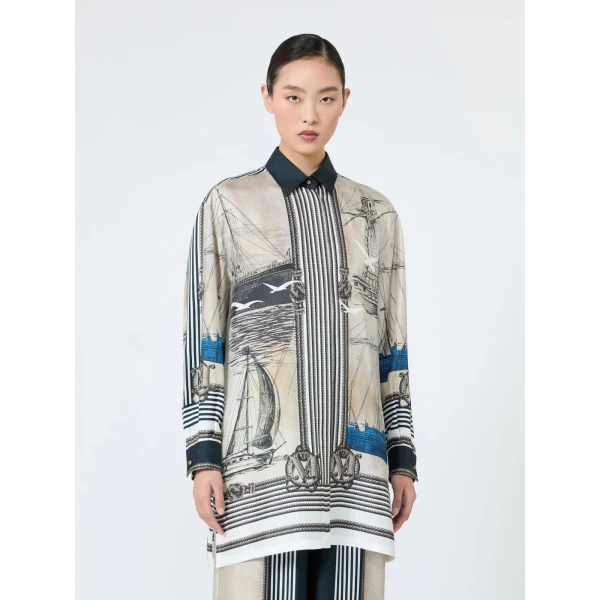 Max Mara Teglia Oversized Printed Silk Shirt in Stone Grey | Shirts | Luxury Shoes 