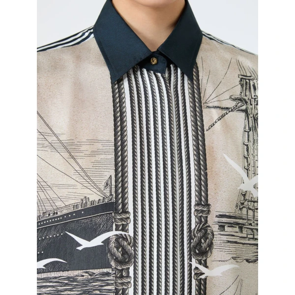 Max Mara Teglia Oversized Printed Silk Shirt in Stone Grey | Shirts | Luxury Shoes 