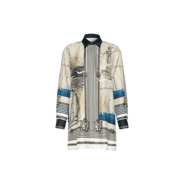 Max Mara Teglia Oversized Printed Silk Shirt in Stone Grey | Shirts | Luxury Shoes 