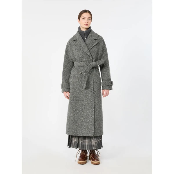 Max Mara Tema Long Wool-Blend Tweed Coat in Dark Grey | Wool Coat | Luxury Shoes 