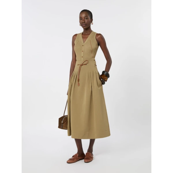 Max Mara Tempio Pleated Cotton Ottoman Skirt in Khaki | Pleated Skirts | Luxury Shoes 