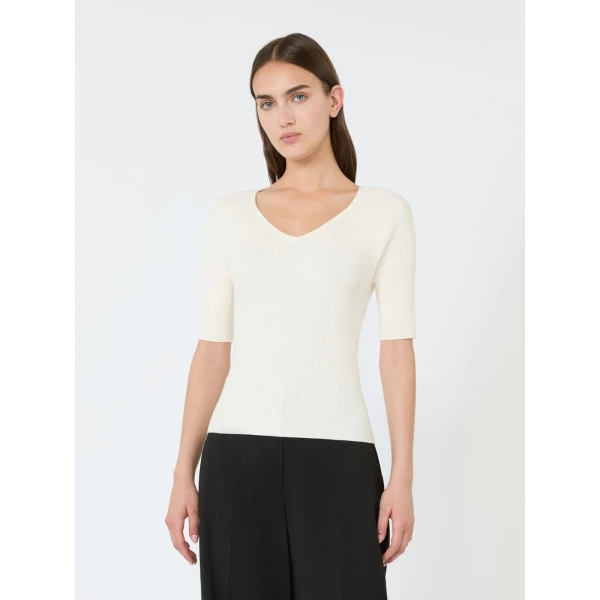 Max Mara Tenente Rib-Knit Stretch Viscose Jumper in Ecru | Sweaters | Luxury Shoes 