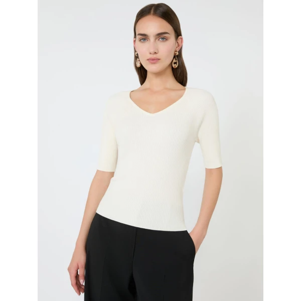 Max Mara Tenente Rib-Knit Stretch Viscose Jumper in Ecru | Sweaters | Luxury Shoes 