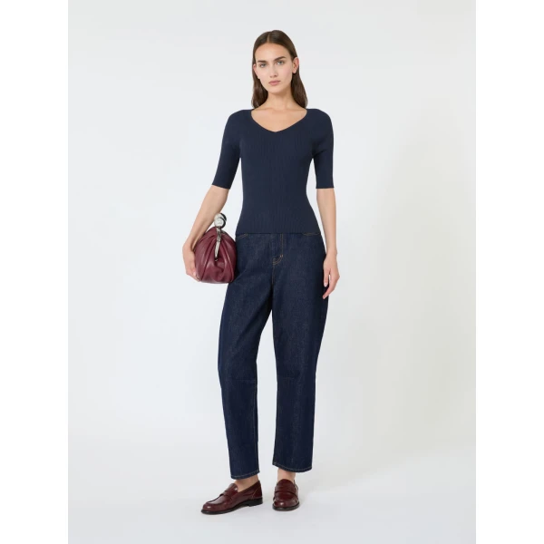 Max Mara Tenente Rib-Knit Stretch Viscose Jumper in Navy | Sweaters | Luxury Shoes 