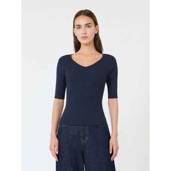 Max Mara Tenente Rib-Knit Stretch Viscose Jumper in Navy | Sweaters | Luxury Shoes 
