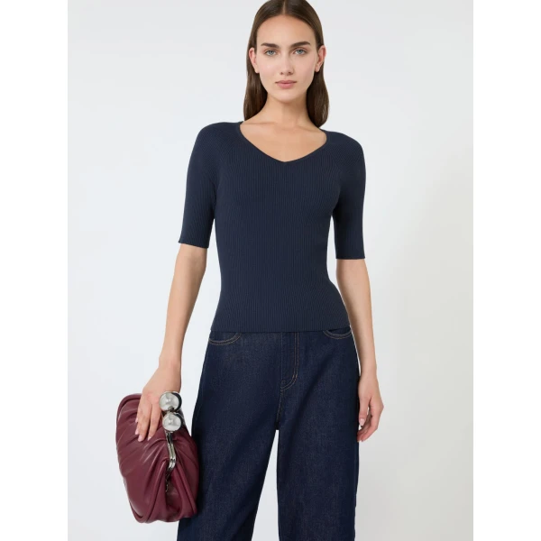 Max Mara Tenente Rib-Knit Stretch Viscose Jumper in Navy | Sweaters | Luxury Shoes 