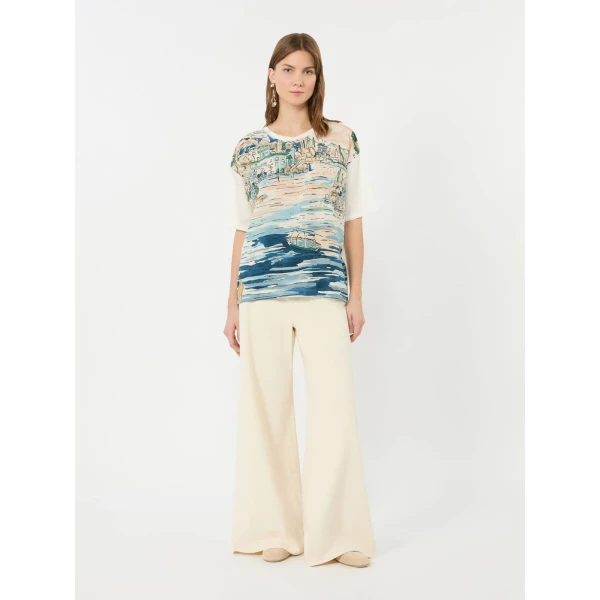 Max Mara Terzo Jersey and Printed Silk T-Shirt in Light Blue | T-shirts | Luxury Shoes 