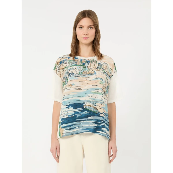 Max Mara Terzo Jersey and Printed Silk T-Shirt in Light Blue | T-shirts | Luxury Shoes 
