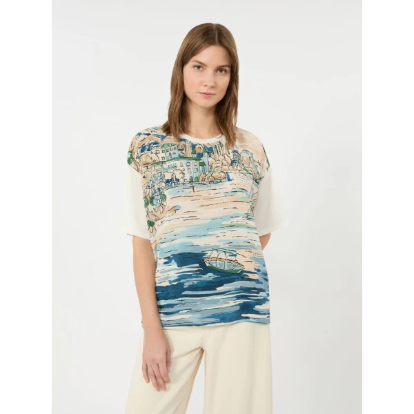 Max Mara Terzo Jersey and Printed Silk T-Shirt in Light Blue | T-shirts | Luxury Shoes 