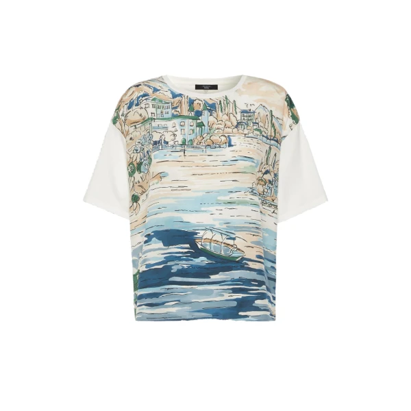 Max Mara Terzo Jersey and Printed Silk T-Shirt in Light Blue | T-shirts | Luxury Shoes 