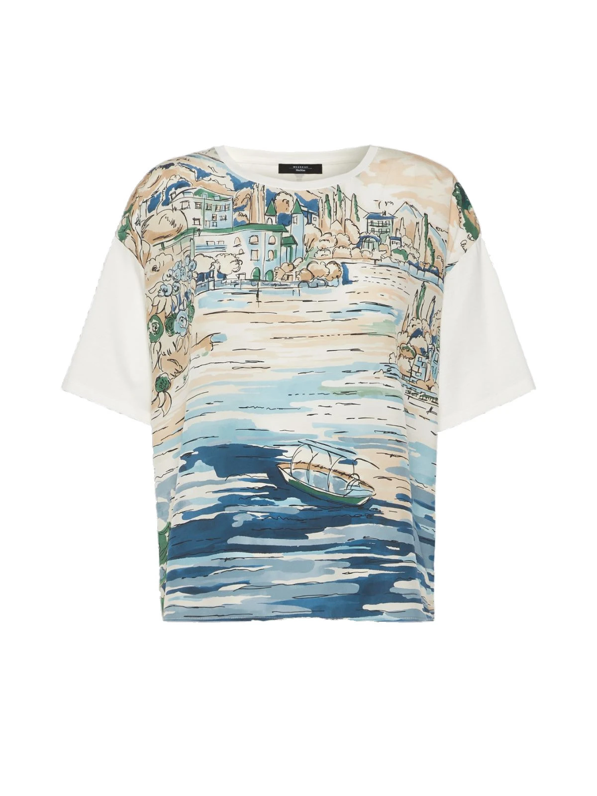 Max Mara Terzo Jersey and Printed Silk T-Shirt in Light Blue Max Mara Terzo Jersey and Printed Silk T-Shirt in Light Blue | T-shirts | Luxury Shoes