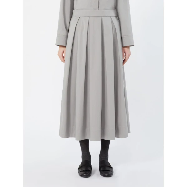 Max Mara Tesoro Cotton Satin Pleated Midi Skirt in Light Grey | Pleated Skirts | Luxury Shoes 