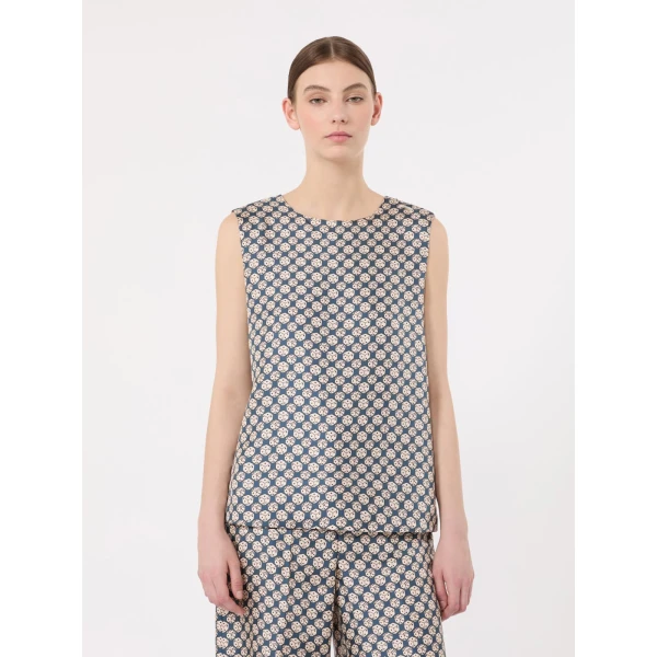 Max Mara Timetop Printed Silk Sleeveless Top in Navy | Blouse | Luxury Shoes 