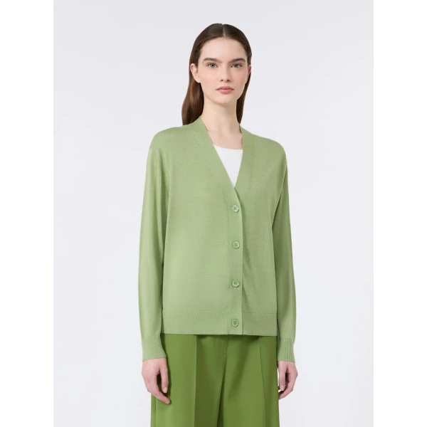 Max Mara Torre Wool, Silk and Cashmere V-Neck Cardigan in Green | Cardigan | Luxury Shoes 