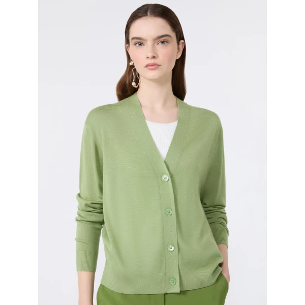 Max Mara Torre Wool, Silk and Cashmere V-Neck Cardigan in Green | Cardigan | Luxury Shoes 