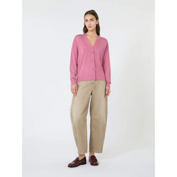 Max Mara Torre Wool, Silk and Cashmere V-Neck Cardigan in Raspberry | Cardigan | Luxury Shoes 