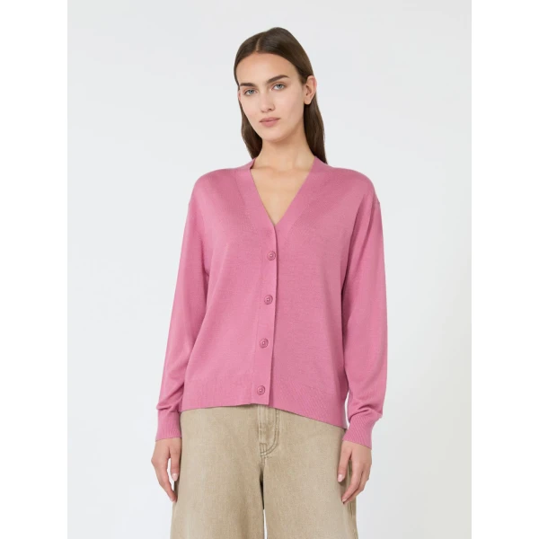 Max Mara Torre Wool, Silk and Cashmere V-Neck Cardigan in Raspberry | Cardigan | Luxury Shoes 