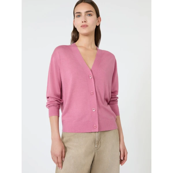 Max Mara Torre Wool, Silk and Cashmere V-Neck Cardigan in Raspberry | Cardigan | Luxury Shoes 