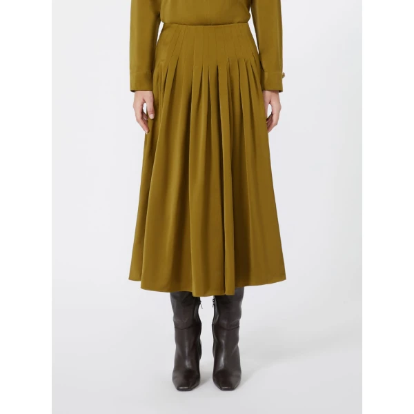 Max Mara Valle Cotton-Blend Satin Flared Skirt in Mustard | Midi Skirts | Luxury Shoes 