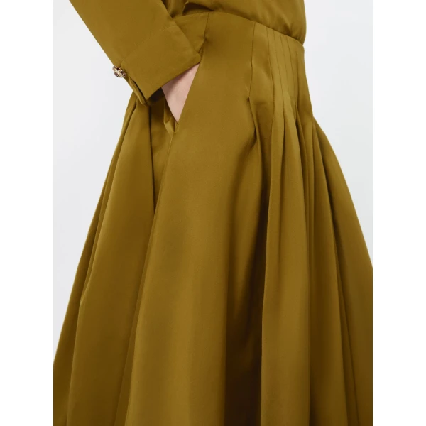 Max Mara Valle Cotton-Blend Satin Flared Skirt in Mustard | Midi Skirts | Luxury Shoes 