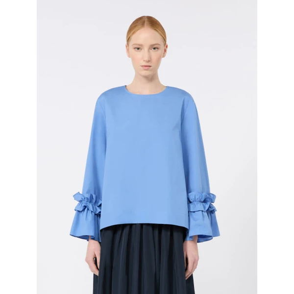 Max Mara Valzer Cotton Poplin Ruffle Blouse in Light Blue | Blouse | Luxury Shoes 