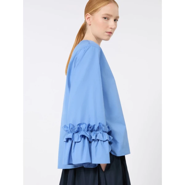 Max Mara Valzer Cotton Poplin Ruffle Blouse in Light Blue | Blouse | Luxury Shoes 