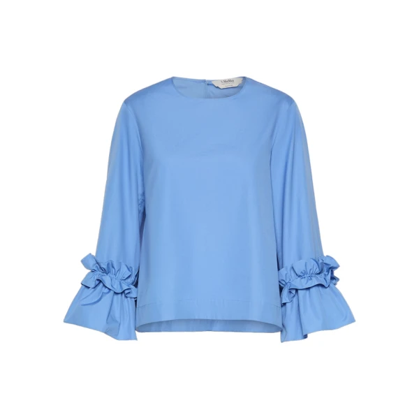 Max Mara Valzer Cotton Poplin Ruffle Blouse in Light Blue | Blouse | Luxury Shoes 