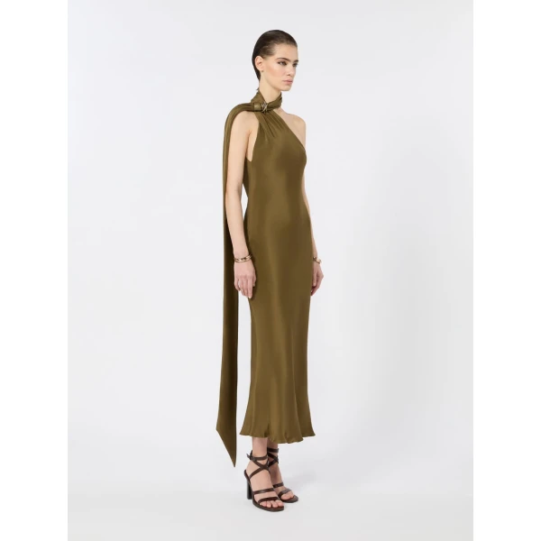Max Mara Vasto Silk Crepe de Chine One-Shoulder Dress in Mud | Midi Dresses | Luxury Shoes 