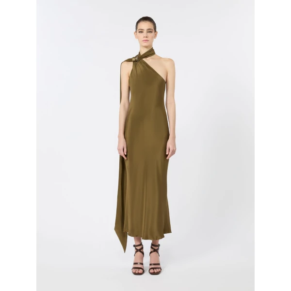 Max Mara Vasto Silk Crepe de Chine One-Shoulder Dress in Mud | Midi Dresses | Luxury Shoes 