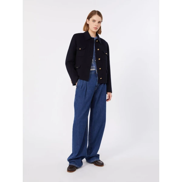 Max Mara Venere Wool, Cashmere and Silk Varsity Jacket in Navy | Blazers | Luxury Shoes 