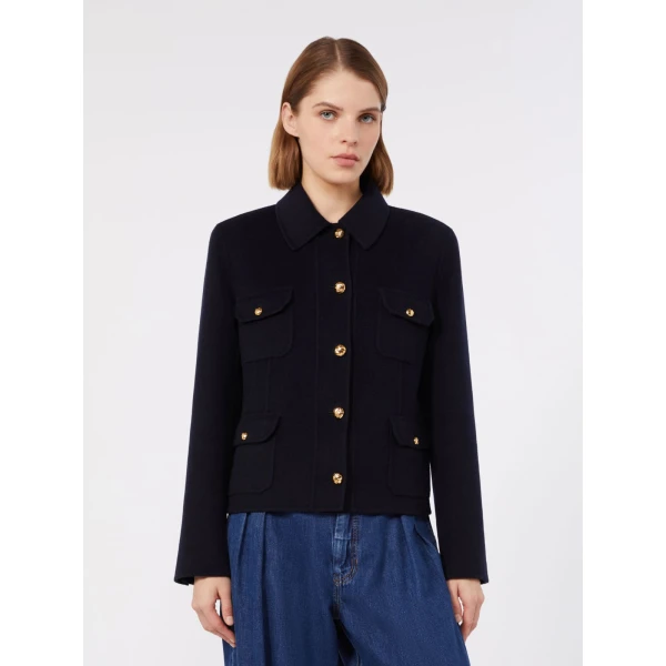 Max Mara Venere Wool, Cashmere and Silk Varsity Jacket in Navy | Blazers | Luxury Shoes 