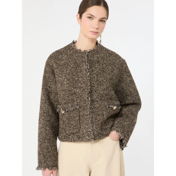 Max Mara Vento Wool Blend Boucle Boxy Jacket in Brown | Blazers | Luxury Shoes 